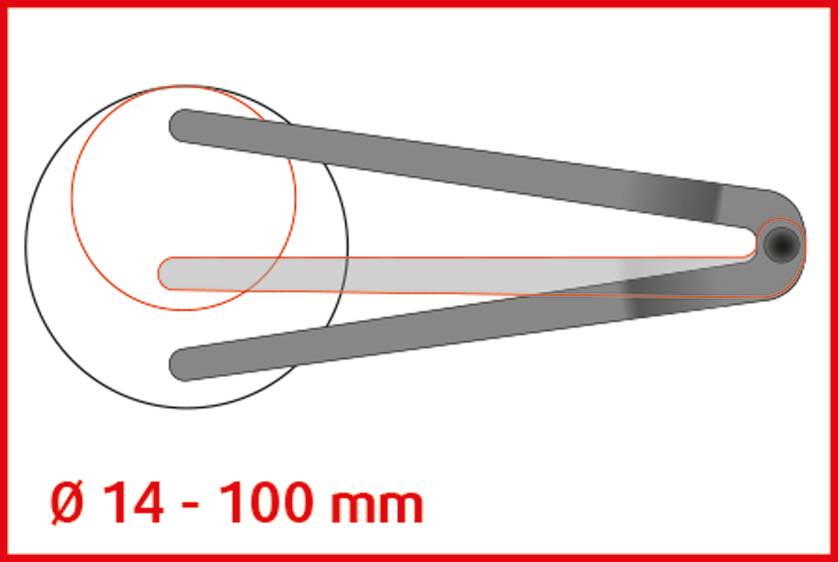 Graphic of a calliper, suitable for diameters ranging from 14 to 100 mm.