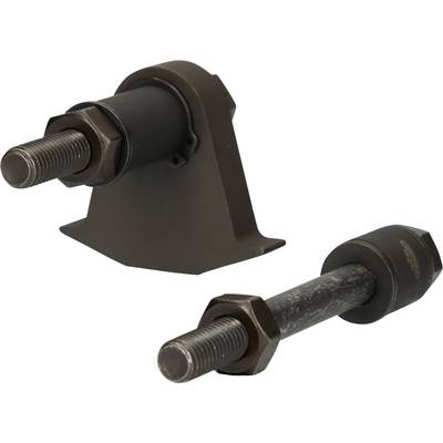Two black metal bolts with nuts, connected to a mounting bracket. They are used in mechanical or industrial applications.