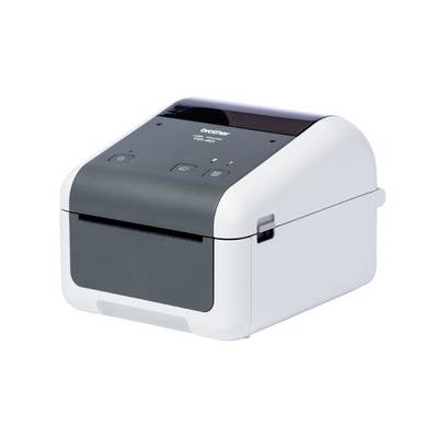 A compact, white label printer with a grey front panel, suitable for professional use in offices or warehouses.