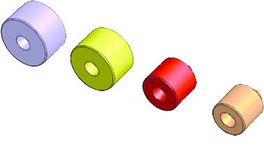 Four cylindrical objects in blue, yellow, red and beige, arranged in ascending size from left to right.