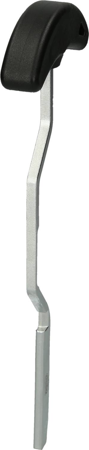 A black headrest with a silver metal arm, curved in shape.