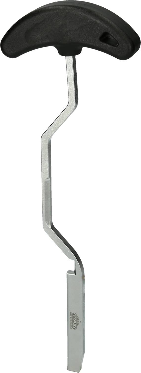 Silver tool with a black, semi-circular handle, slightly curved in shape. Used for levering or loosening parts.