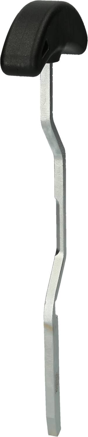 Metallic L-shaped tool with a black plastic handle at the upper end, likely a lever or pulling tool.