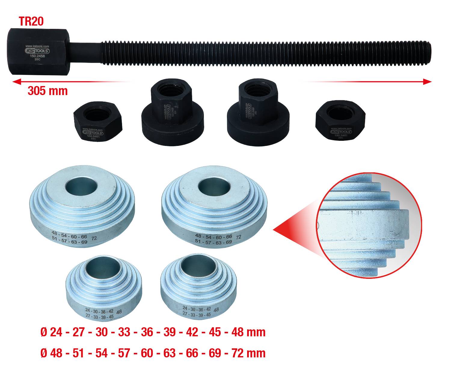 Set of bolts with various round metal elements, each with different diameter measurements, including a detailed view of one element.