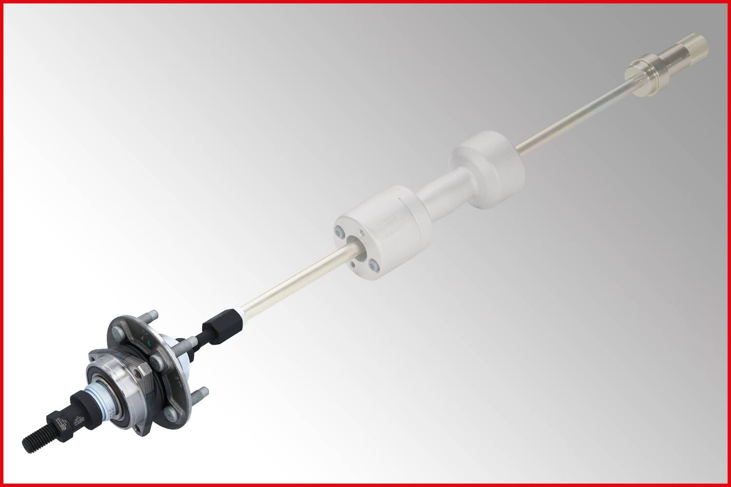 Industrial component consisting of a long shaft with multiple cylindrical elements and a metal mounting bracket at the end, against a grey background.