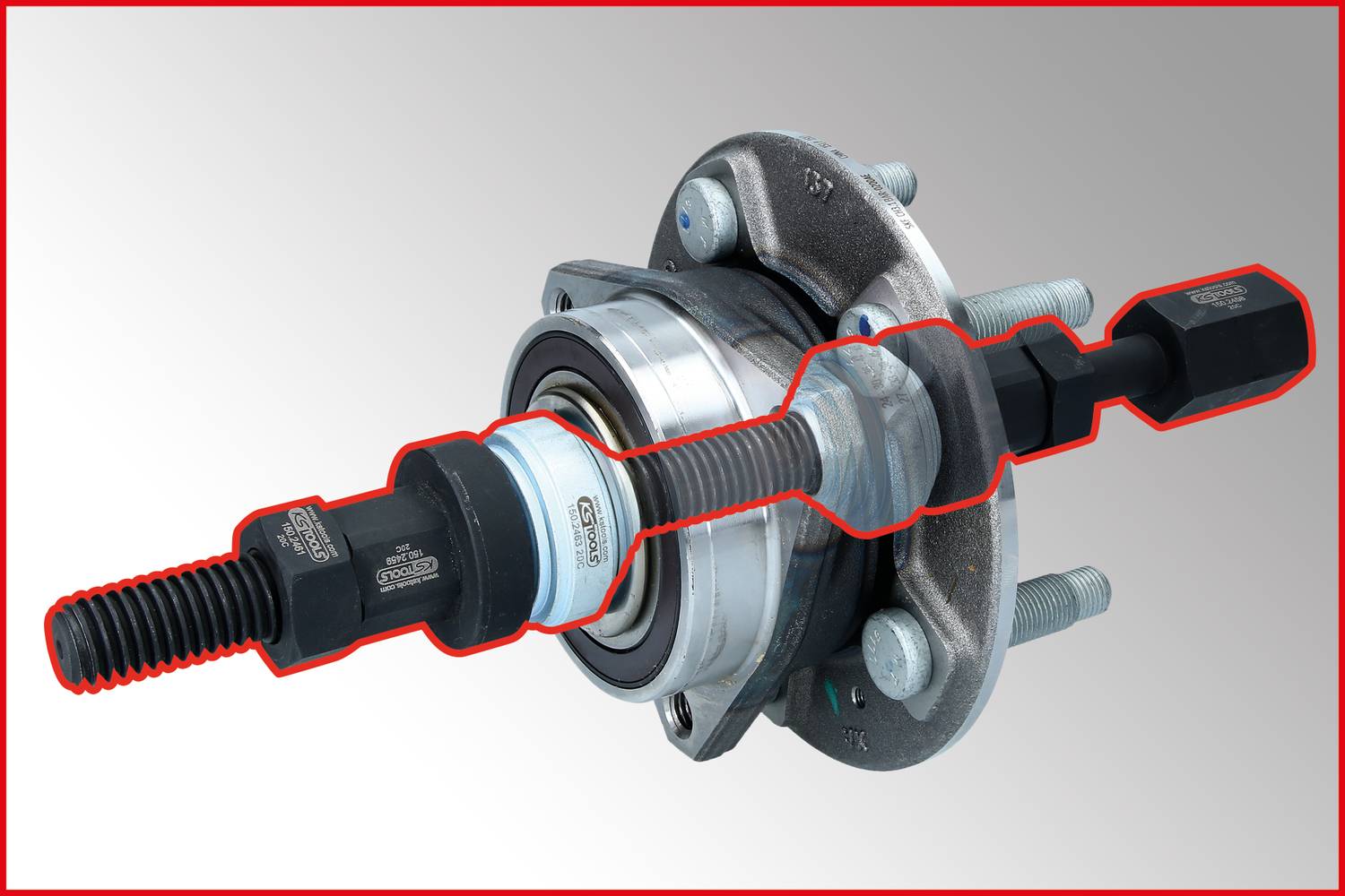 Image of a bearing puller removing a wheel bearing. The puller is outlined in red and demonstrates how the bearing is being extracted from its housing.