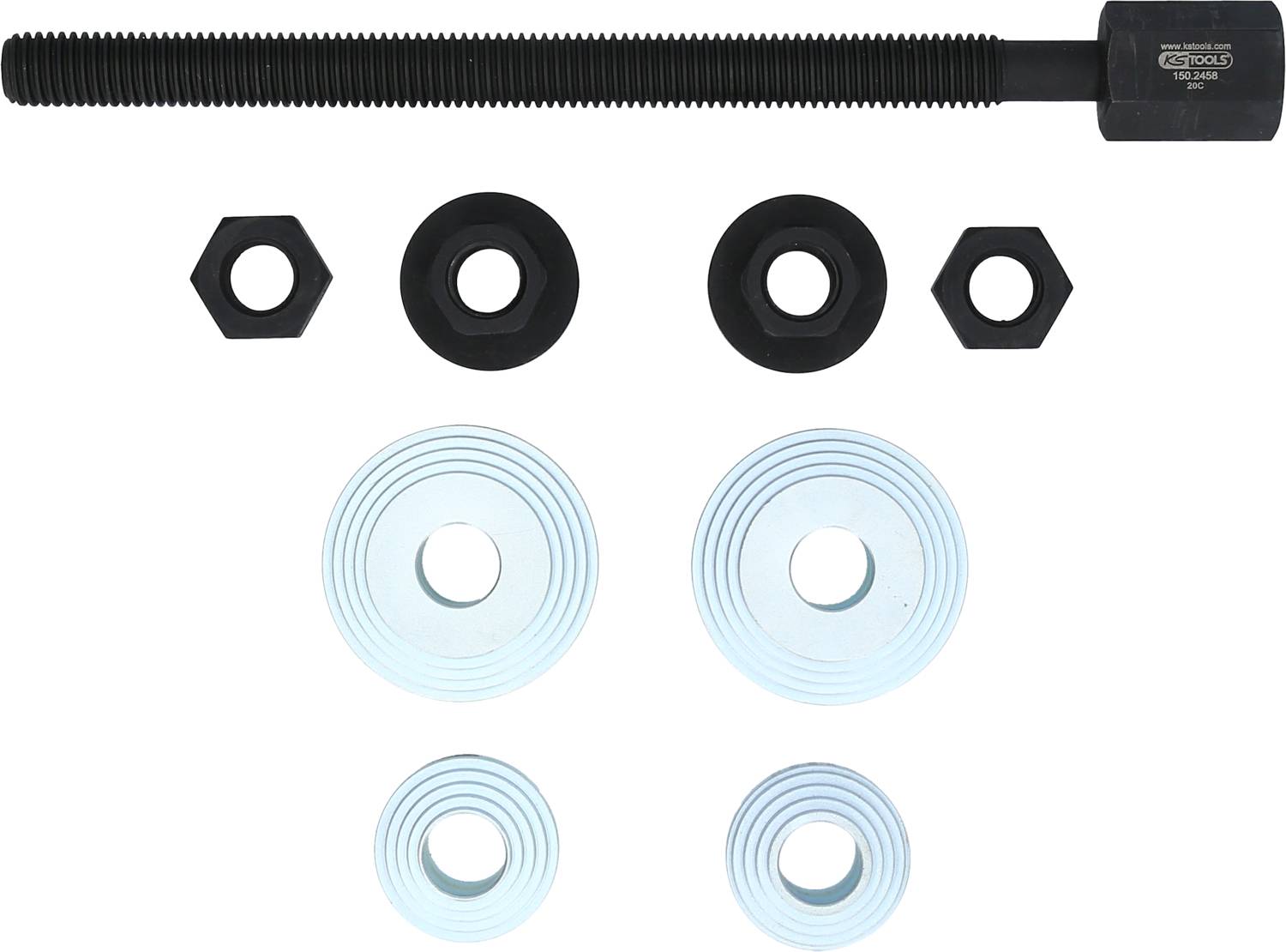 'Image of screws and washers in various sizes, arranged in a pattern. Includes long screw with hexagonal head.'