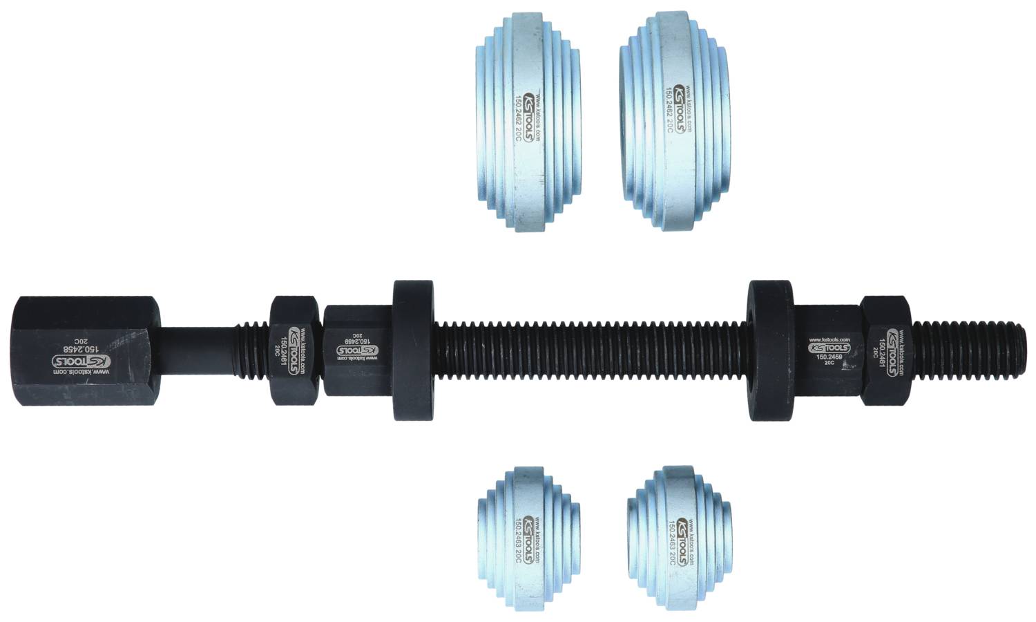 A black screwdriver with four blue, ribbed attachments arranged to its left and right. Remaining parts in black.