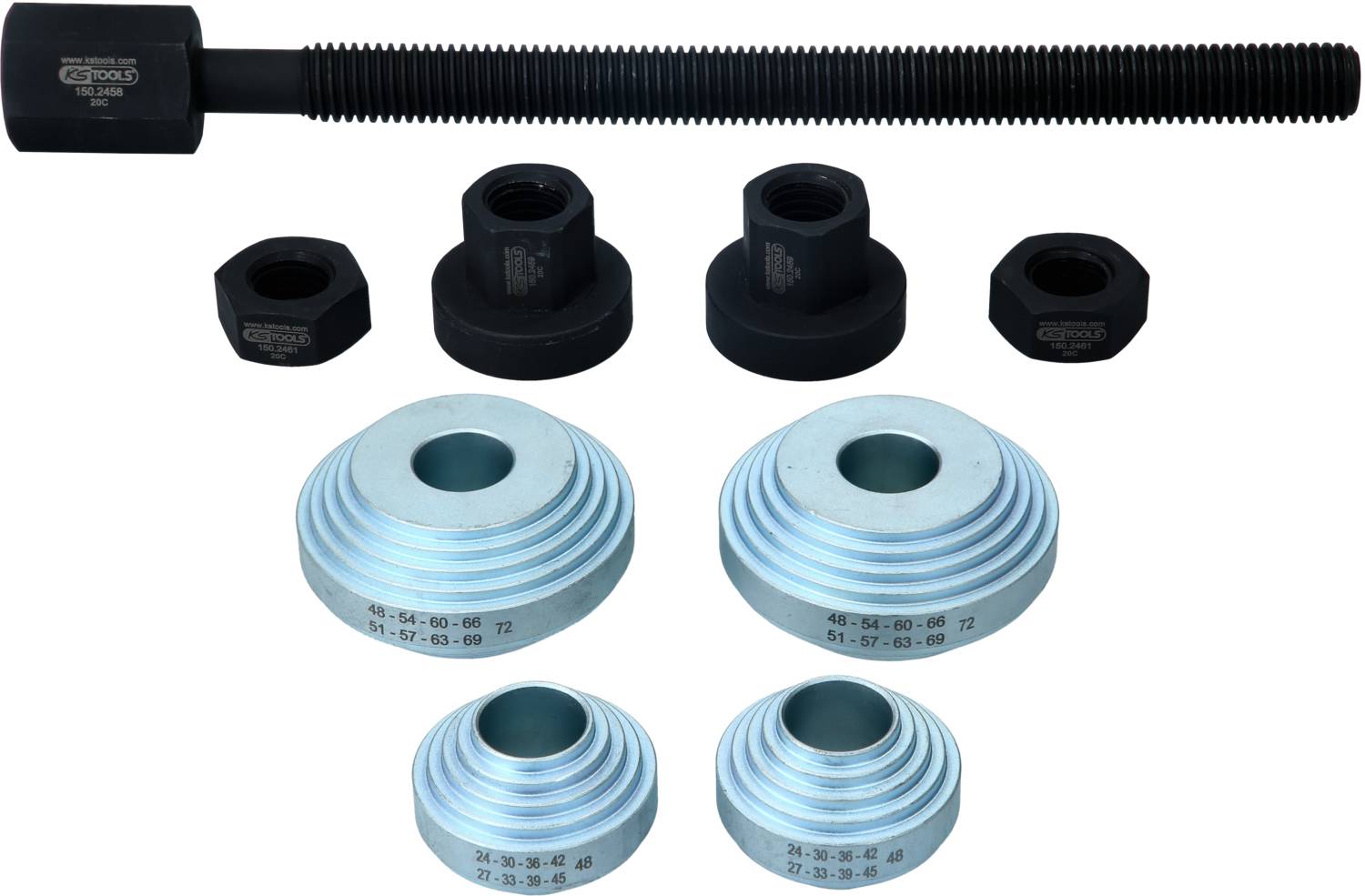 'Puller tool set with threaded rod, nuts and various puller heads. Suitable for removing or installing bearings.'