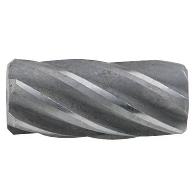 A cylindrical tool with spiral cutting edges, presumably a milling cutter, displays a structured metal surface.
