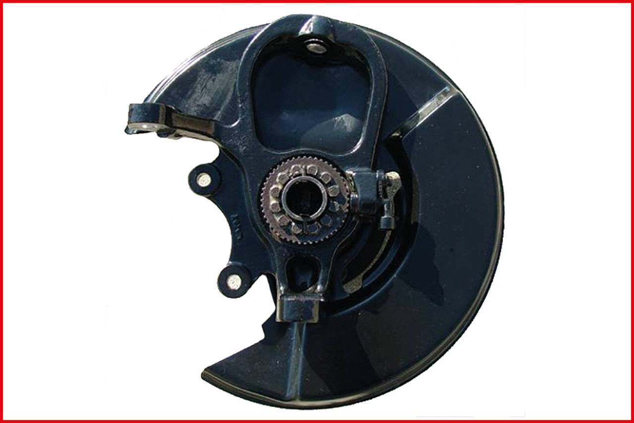 A black brake disc, a mechanical automotive part with gears and mounting elements. Key component in braking systems.