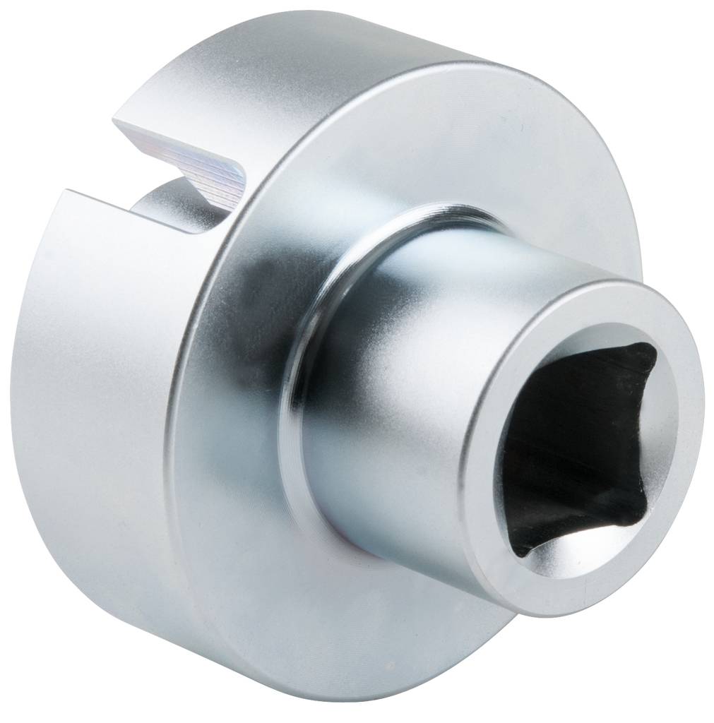 A silver metal adapter with a square opening at the front and a slot on the side, potentially a tool attachment.