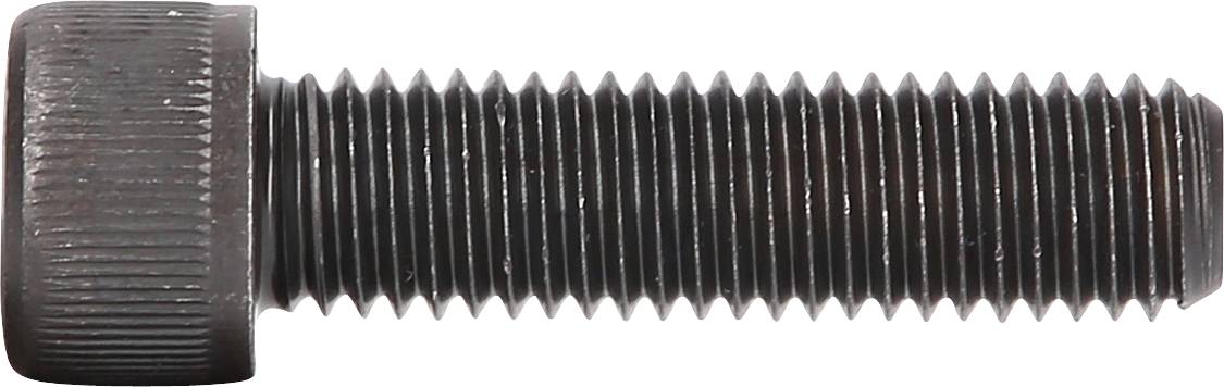 A black metal hexagon-headed screw with full thread length, positioned horizontally.