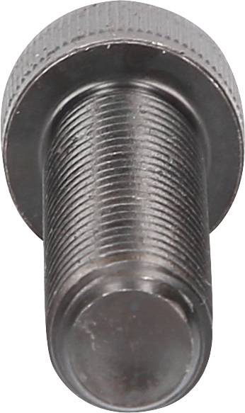 Close-up of a metal threaded bolt with a knurled head, showing details of the thread structure.