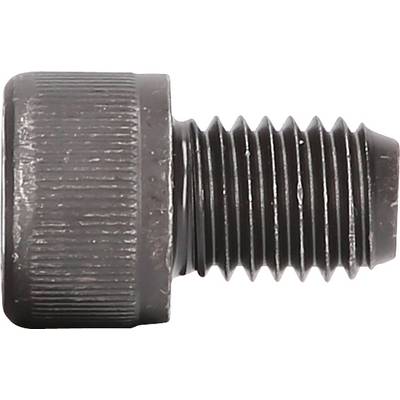 Close-up of a black, ribbed metal screw with a cylindrical head and thread, on a neutral background.