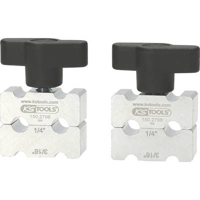 Two silver hose clips with black handles. Inscription: 'KS TOOLS', sizes '1/4"' and '3/16"'. For securing hoses.