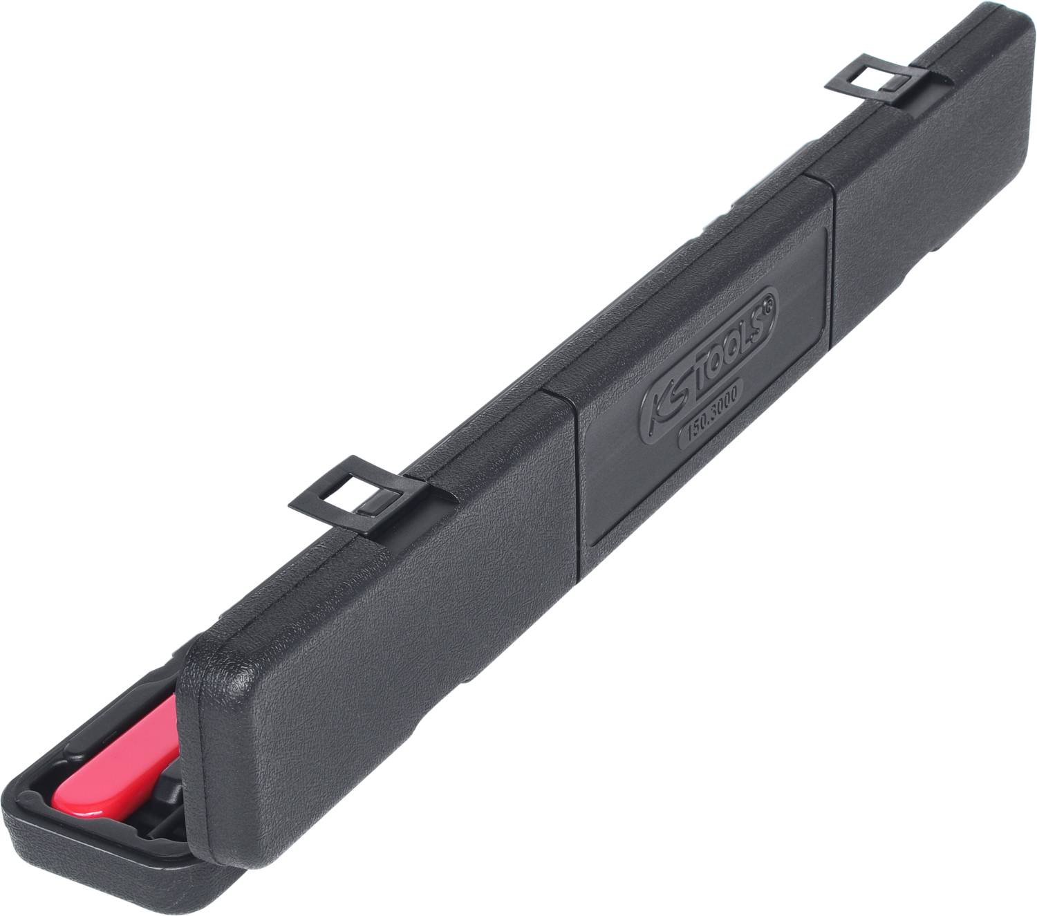A black plastic tool case by KS Tools, elongated in shape, with a red handle, suitable for storing tools.