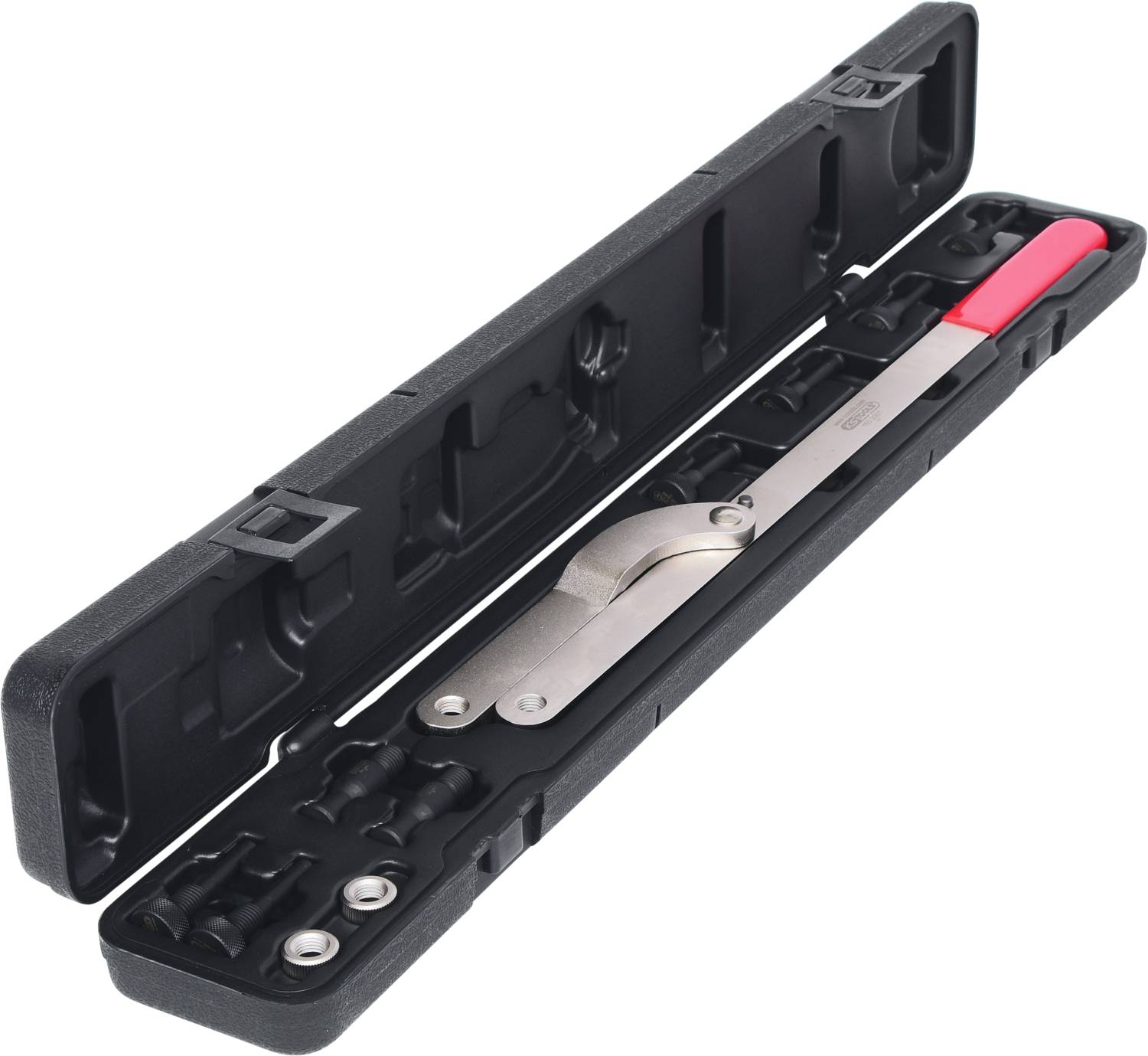An open black toolbox containing a large, silver spanner with a red handle and several accessories.