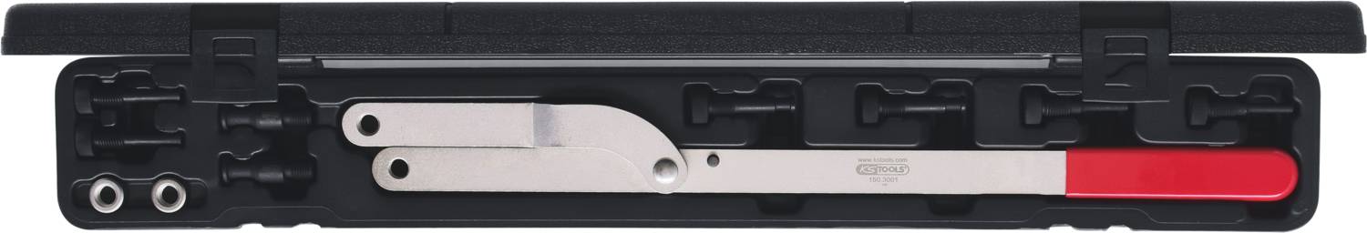 Open case with a hand tool showing two adjustable metal arms. Ideal for holding or turning objects.