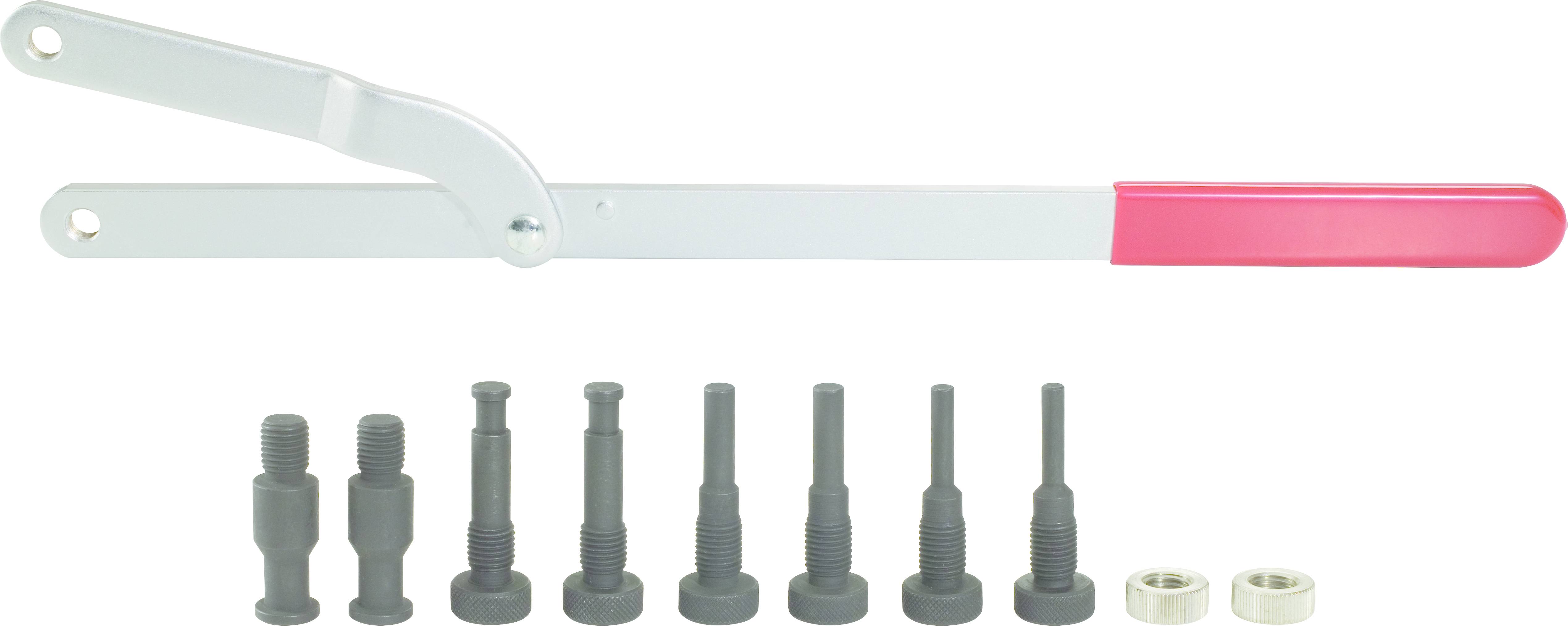 A tension lever with a red handle and silver arm lies beside a row of set bolts and two washers on a white surface.