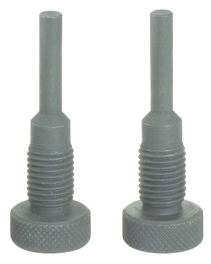 Two identical, grey metal wall plugs with a ribbed base and long shaft, arranged vertically.
