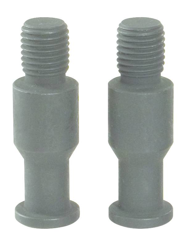 Two grey metallic threaded bolts standing upright side by side.