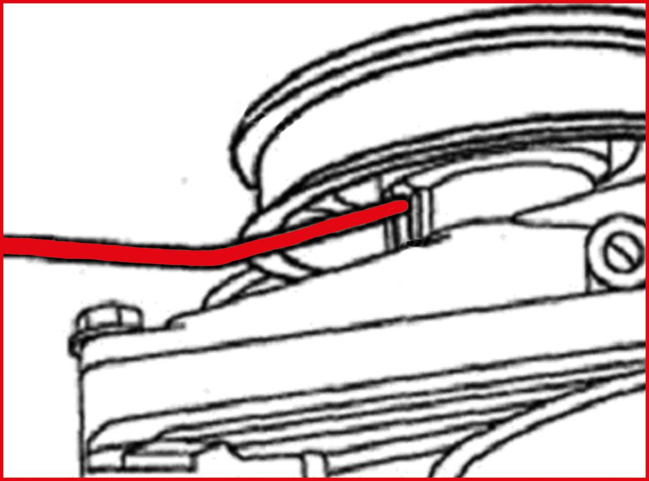Technical drawing shows a section of a mechanical component with a highlighting red arrow pointing to a specific component.