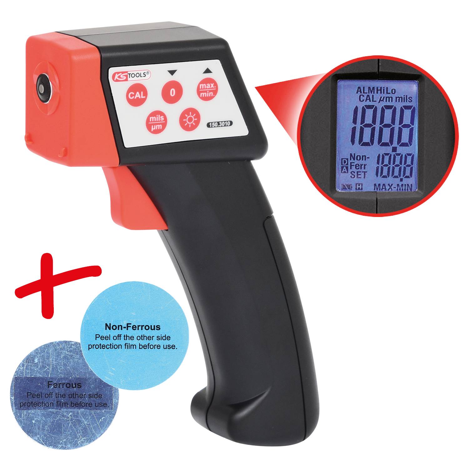 Digital measuring device for thickness measurement with display, showing 1080 μm. Suitable for ferromagnetic and non-ferromagnetic materials.