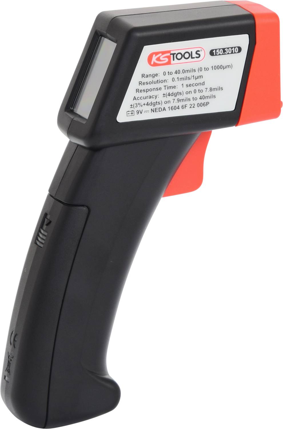 Digital infrared thermometer with display and measurement button. Measures temperatures non-contact, ergonomic grip, compact design.