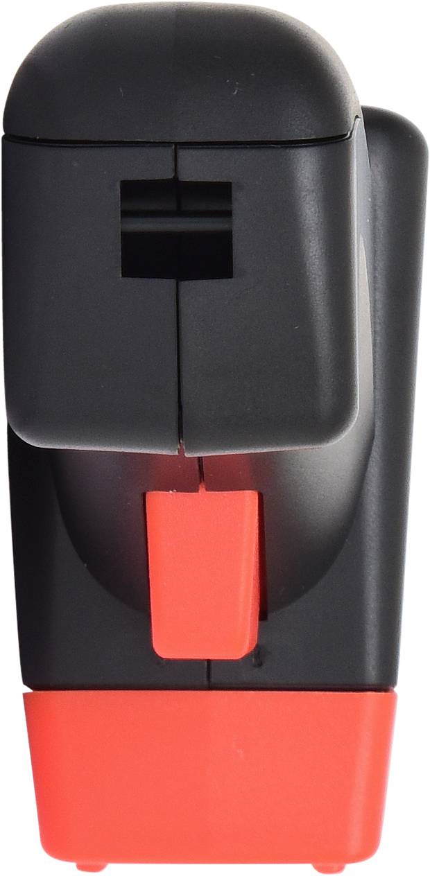 A black and red stapler, standing upright.
