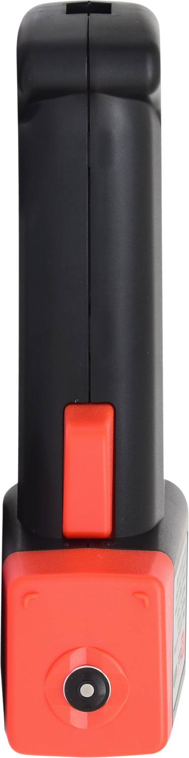 A black, rectangular electronic device with a red button on the front, possibly a power tool battery.