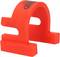 A red plastic component with a curved shape and wide base surfaces, potentially a clip or mounting bracket.