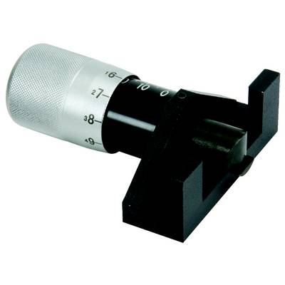 A silver micrometre with a black scale, marked from 0 to 10, mounted on a black base. It measures small lengths with precision.
