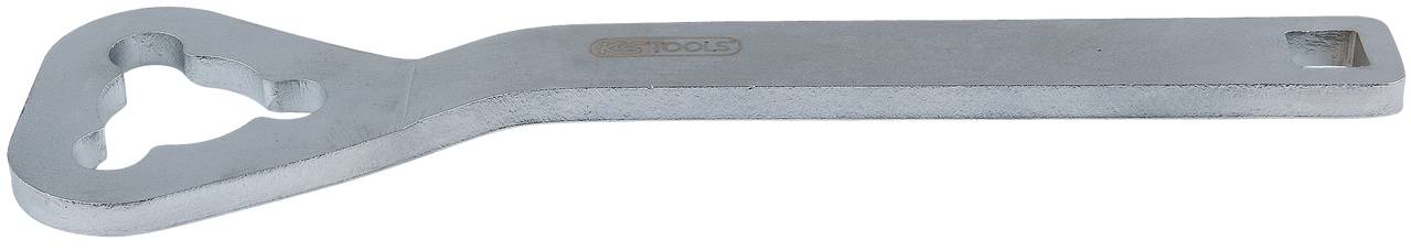 A silver flat key with two different ends, typically used for specific machines or devices.
