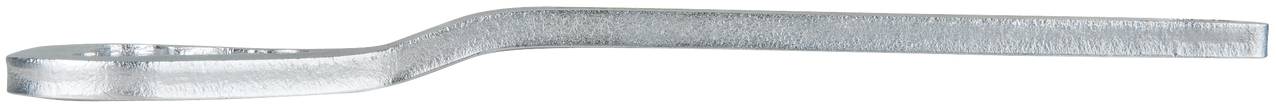 A silver spanner with a curved handle lies on a white background. It is made of metal and features a flat, ring-shaped socket.
