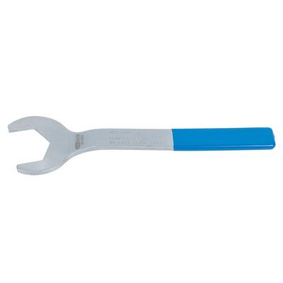 A silver adjustable spanner with a blue handle, lying horizontally. Tool marking visible on the metal.