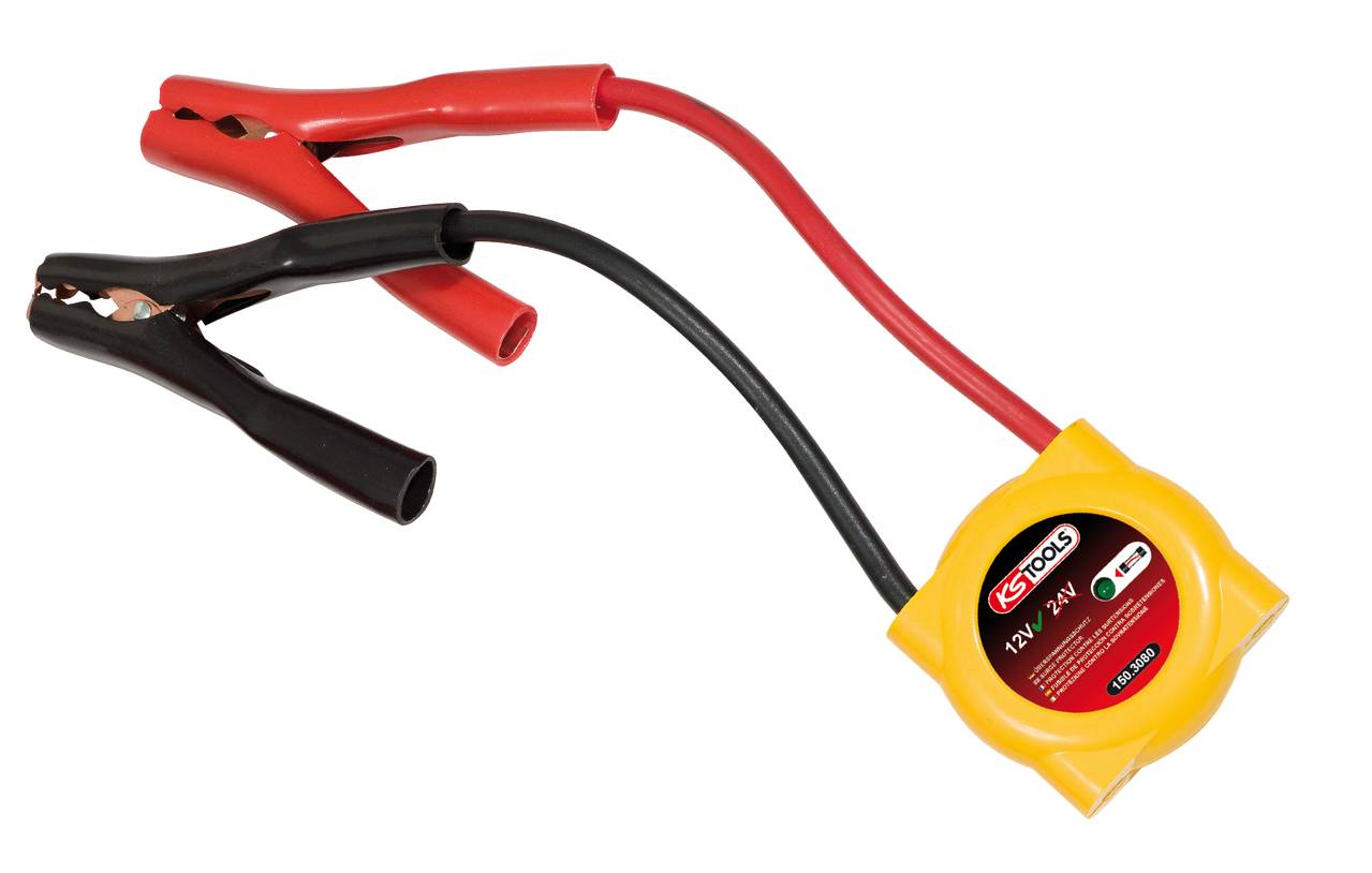 A jump lead with red and black clamps, connected by a round, yellow electronics module.