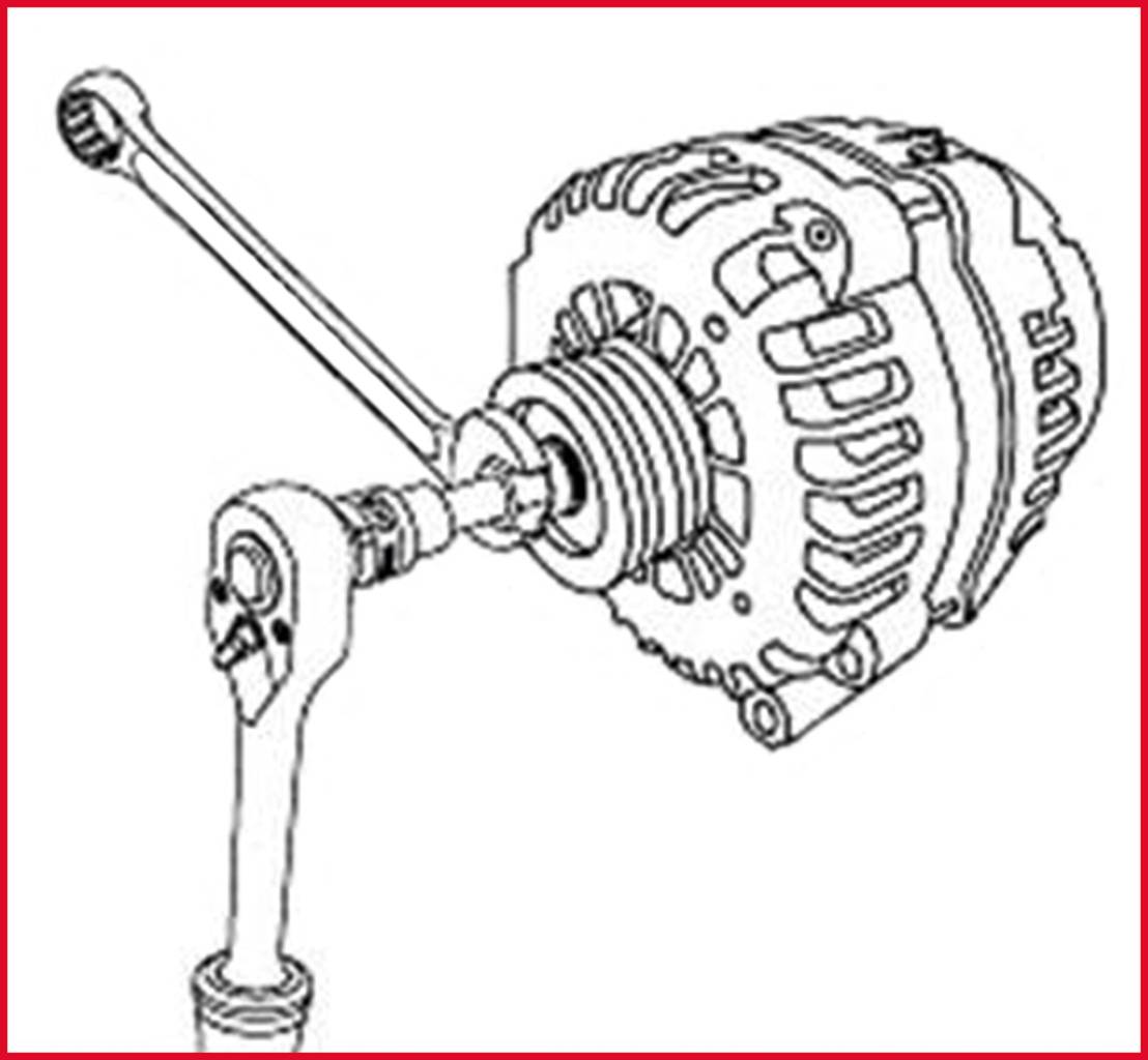 'Illustration of a generator with a removable spanner, on the left, for mechanical adjustment or repair.'