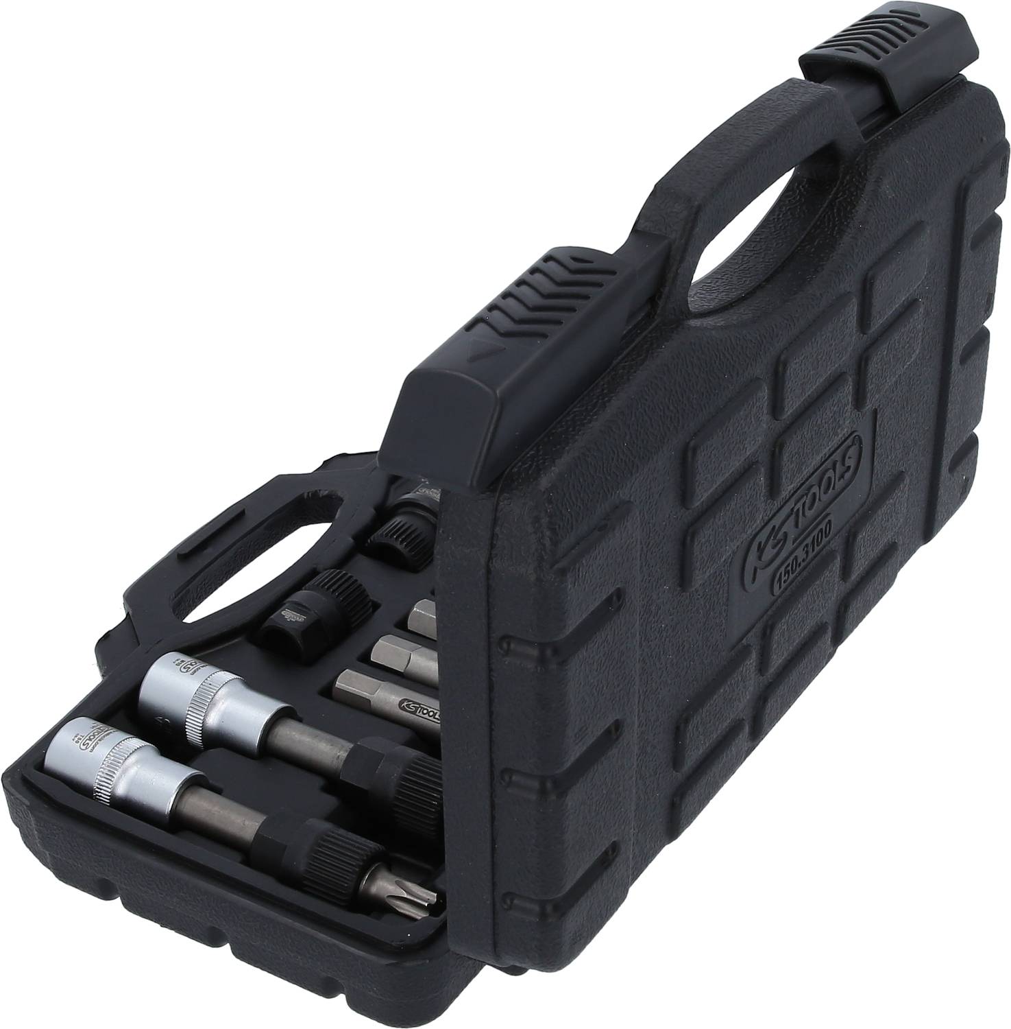 'Set of drill bits in an open black toolbox, various sizes and shapes visible.'