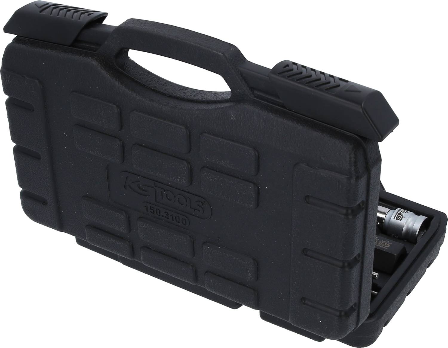 Black plastic case with a textured surface and handle, opened, partially revealing socket wrench inserts inside.