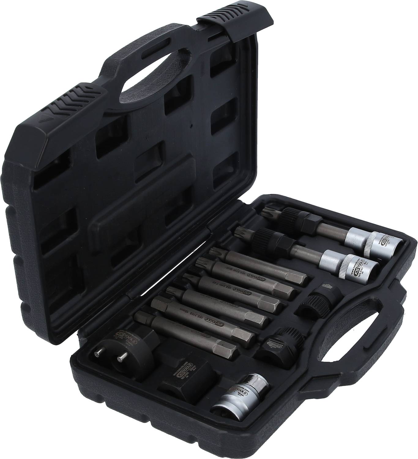 Black plastic case with open lid, displaying various metallic socket keys and attachments in neatly organised compartments.