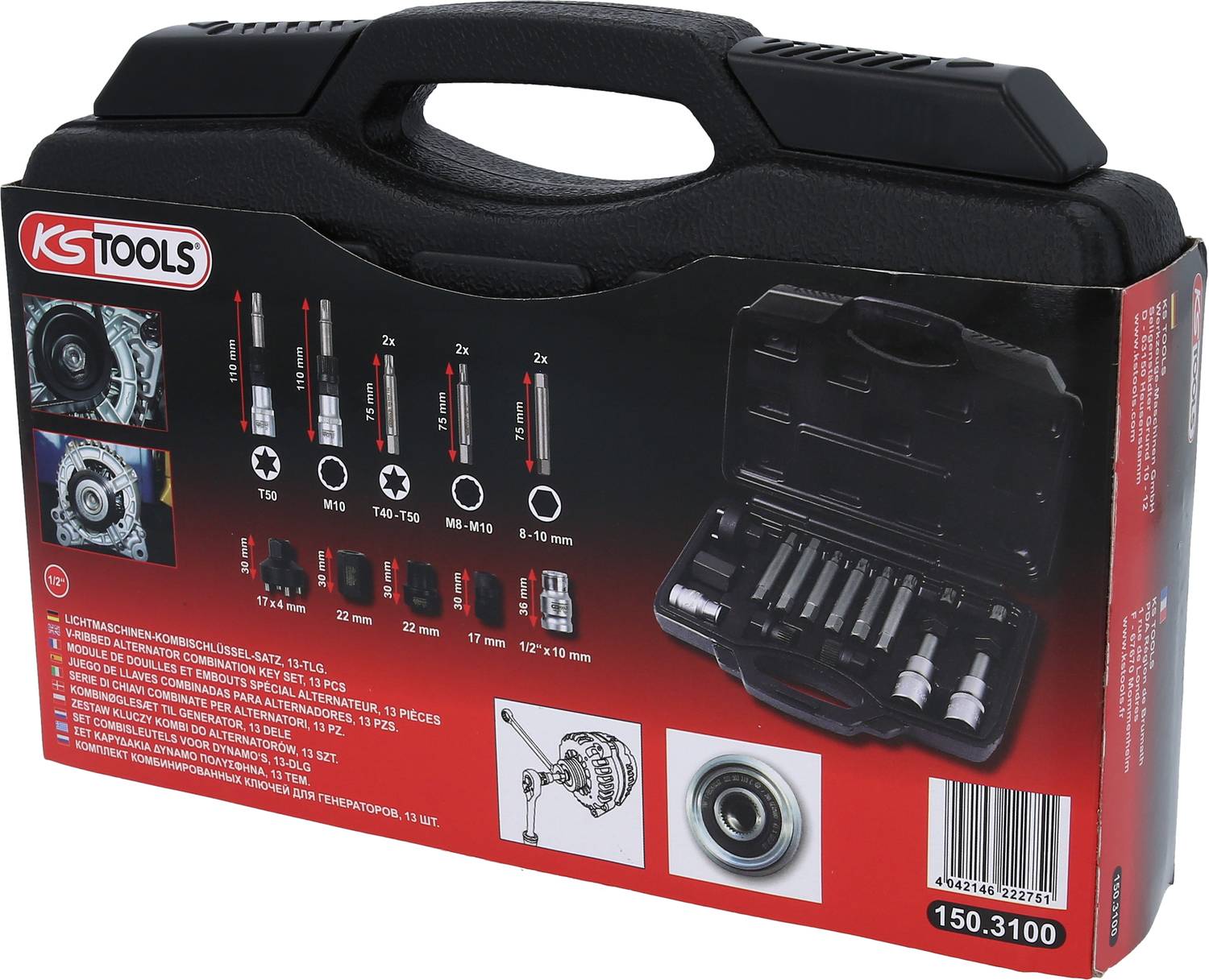 'KS Tools Tool Case' with various sockets and bits, illustrated with images and size specifications on the packaging.