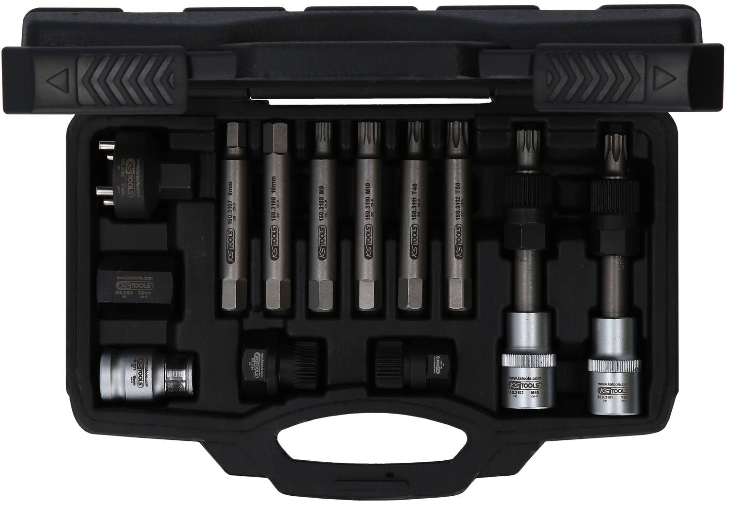 A tool case with various socket attachments and bits. Contains long and short attachments, neatly arranged in a black case.