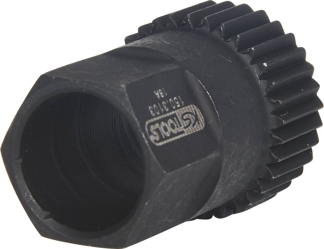 Black metal tool with a hexagonal end and serrated edge, used for removing bicycle cassettes.