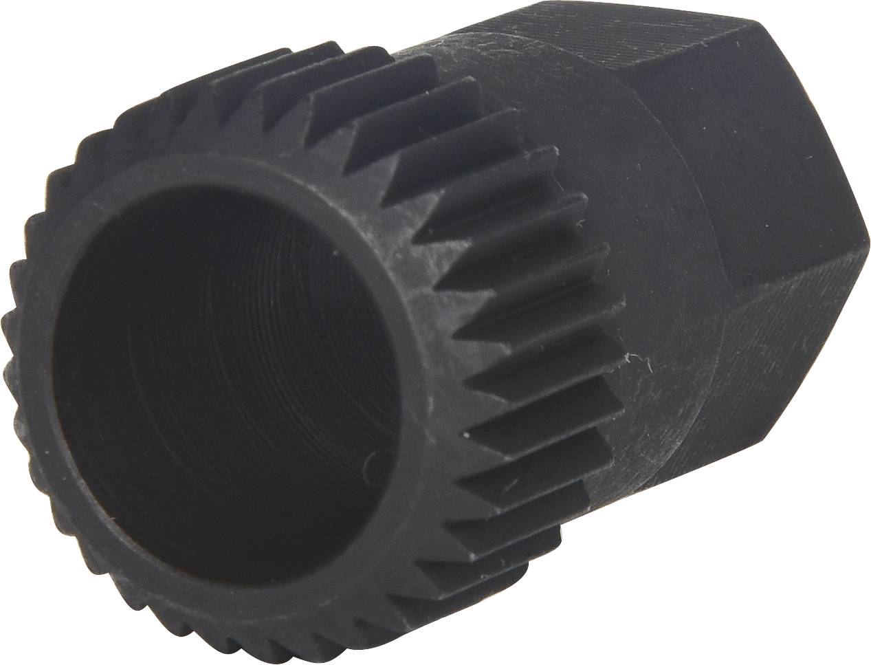 A black metal bicycle cassette removal tool with a toothed edge.
