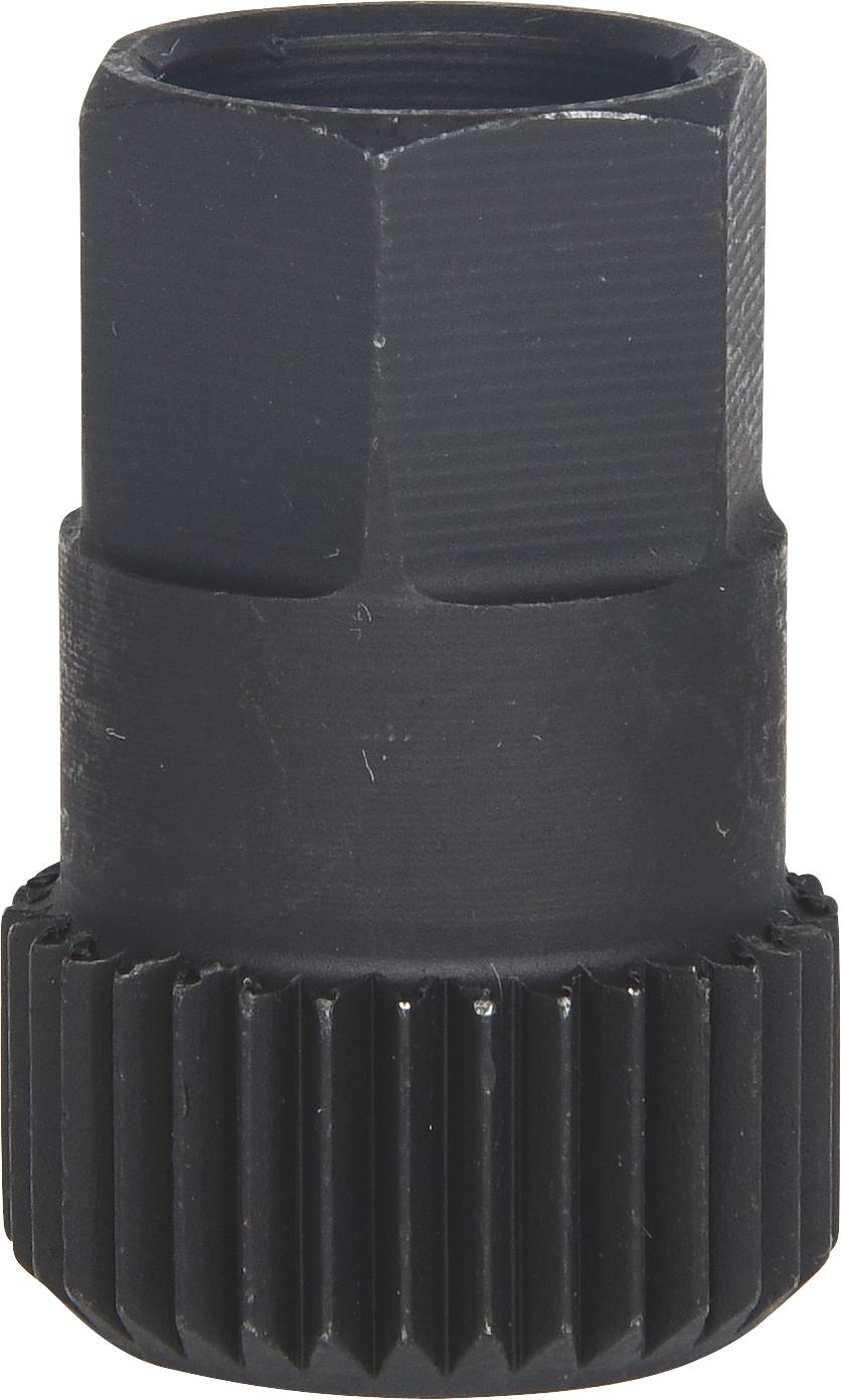 'Black bicycle cassette tool with serrated edge and hexagonal head, for removing cassettes from wheel hubs.'