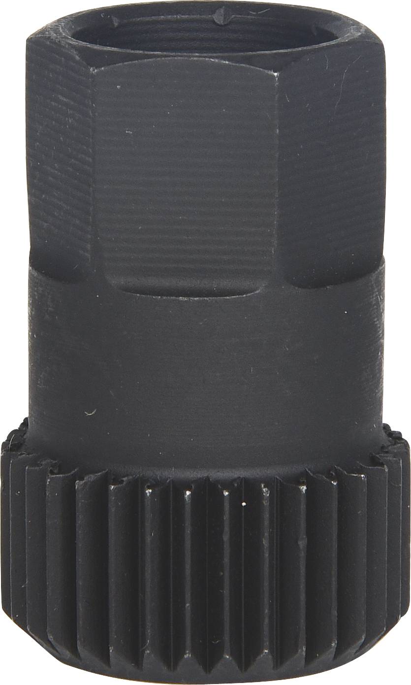 Black tooth ring puller with structures, used in bicycle repair process for removing tooth rings.