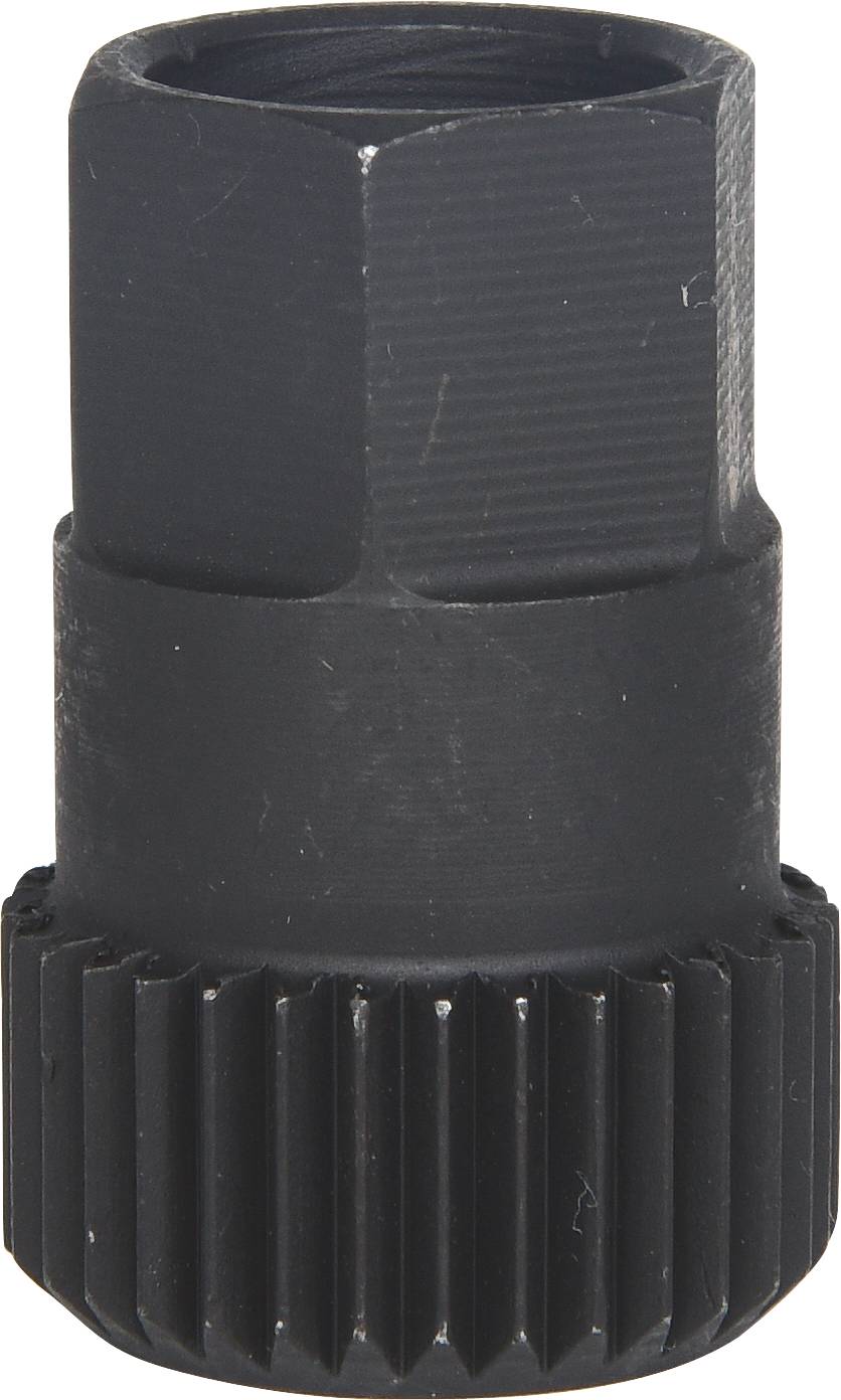 A black metal bicycle cassette removal tool with a ribbed edge and hexagonal opening for dismantling sprockets.