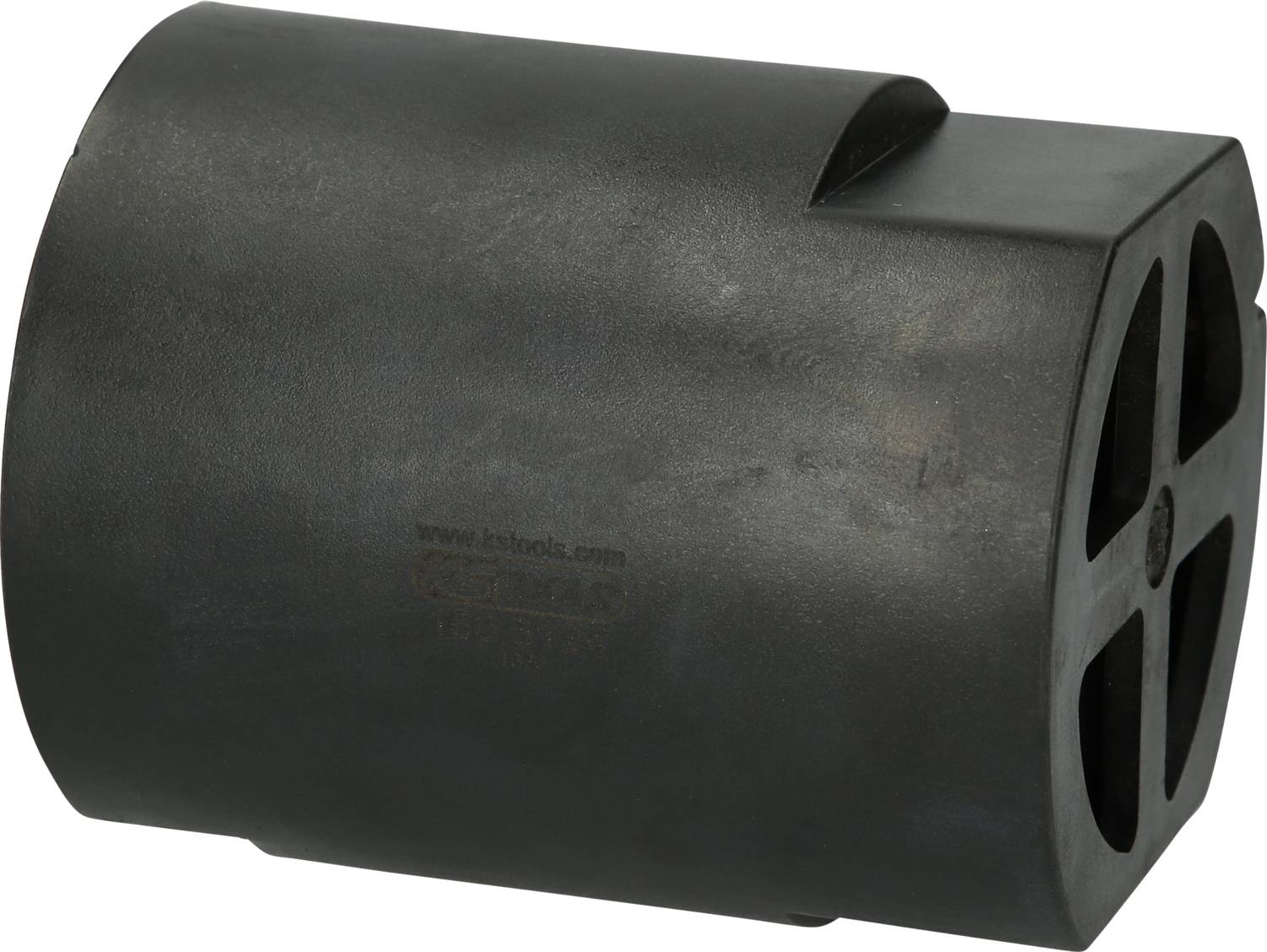 Black cylindrical object with a lattice design on one side, potentially a ventilation element or filter housing.