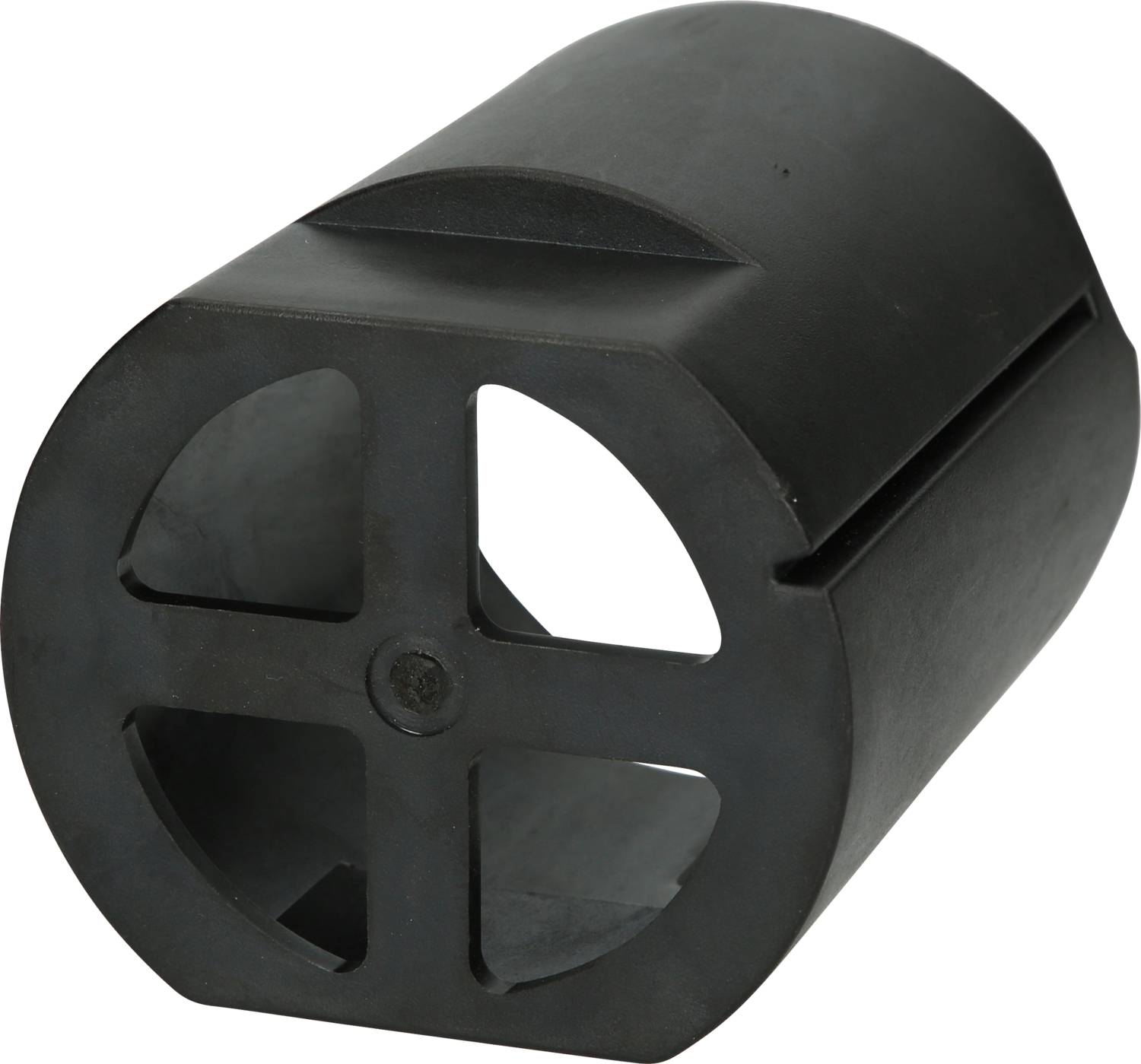 Black, cylindrical component with a cross-shaped opening on one side, potentially part of a technical device or construction.